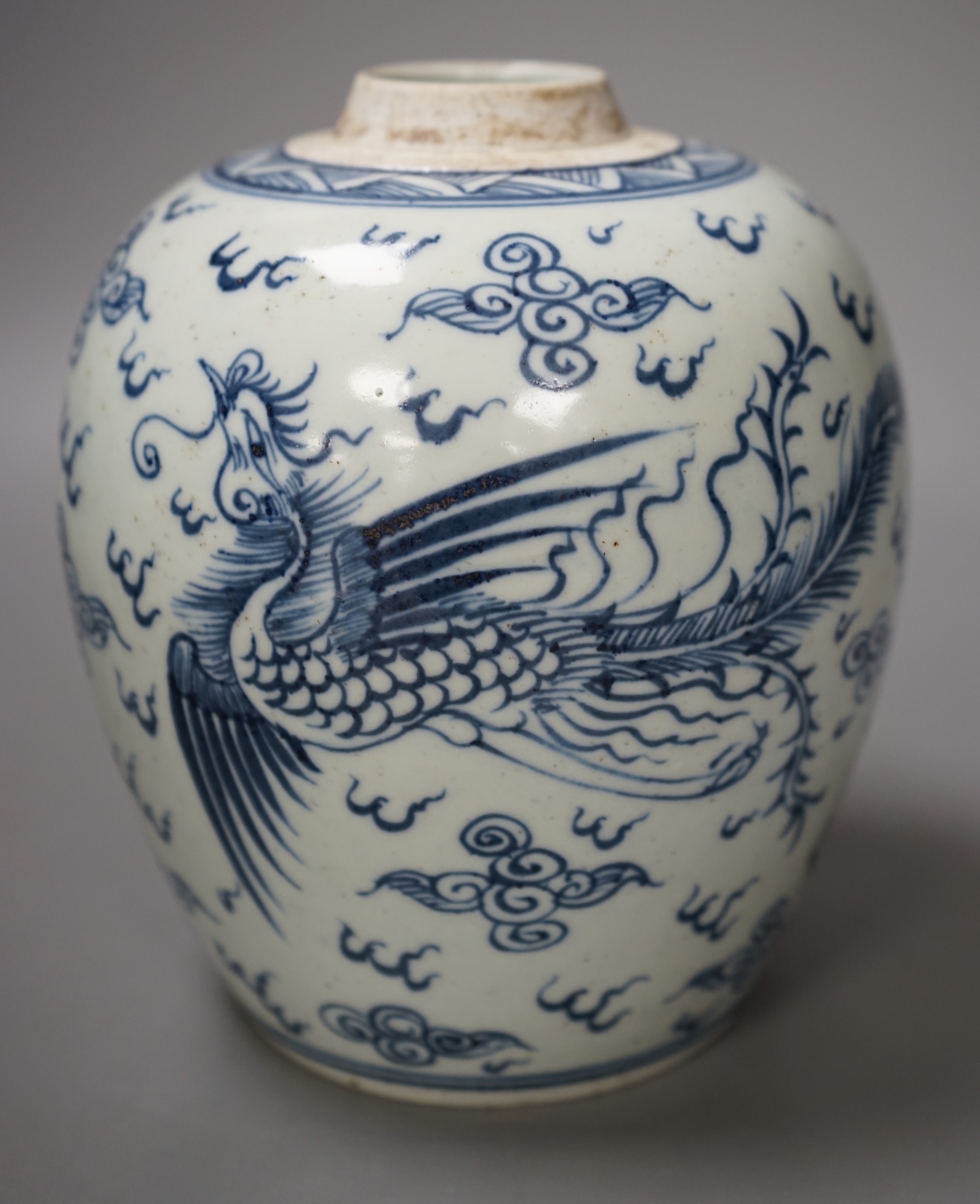 A Chinese blue and white 'phoenix' jar, 17cm